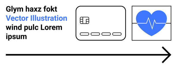 Credit card icon, blue heart with heartbeat line, arrow pointing rightwards. Ideal for finance, health, technology, innovation, progress online transactions and medical services. Landing page