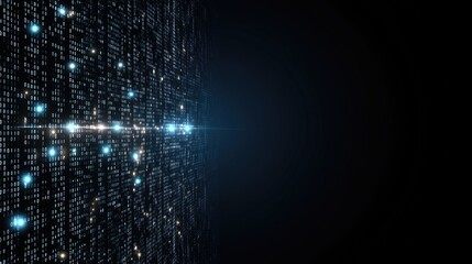 illustration of digital data transfer with binary code and glowing dots, featuring a cyber tech theme in a blue and black color scheme