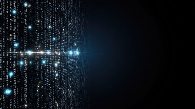 illustration of digital data transfer with binary code and glowing dots, featuring a cyber tech theme in a blue and black color scheme