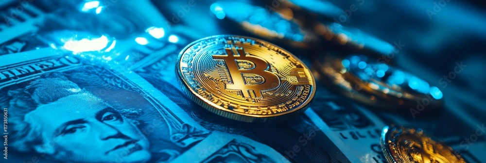 Aufkleber golden bitcoin is placed on us dollar banknotes suggesting investment in cryptocurrency and the futu
