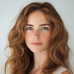Fototapeta premium Beautiful Woman With Wavy Hair and Freckles Poses for a Close-Up Portrait Against a Soft Background in a Serene Light Setting