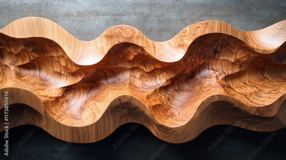 Poster intricate wood carving showcasing flowing waves of organic texture against a muted background for a 