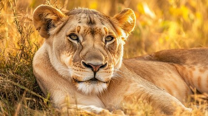 Obraz premium Lioness resting in the golden African savanna.