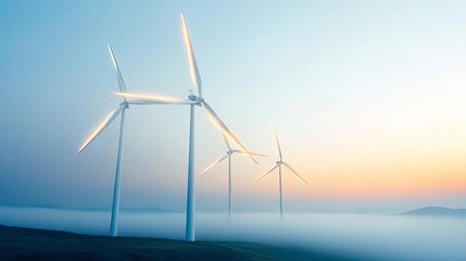 Fototapeta premium Wind turbines glowing softly in a foggy evening, ethereal energy