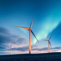 Obraz premium Wind turbines glowing under the Northern Lights, magical and surreal