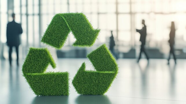 Grass recycling symbol is displayed in a modern corporate building, representing commitment to eco friendly practices and promoting sustainable waste management solutions