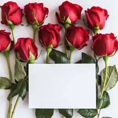 Close Up of Red Roses with White Blank Card Mockup