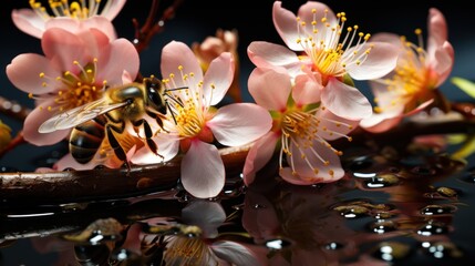 Bee on Pink Blossom Reflection in Dark Water