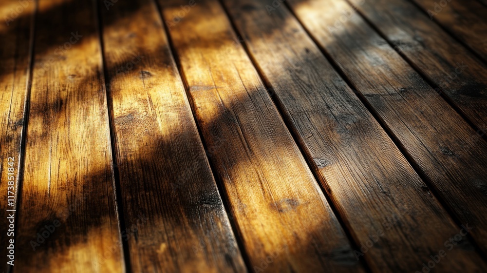 Poster warm sunlight filters through trees casting captivating shadows on a rustic wooden floor. generative