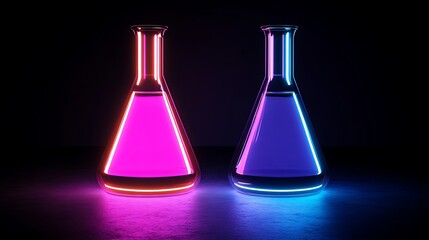 Two Neon Lit Erlenmeyer Flasks Filled With Vibrant Liquids