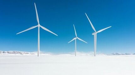 Fototapeta premium Wind turbines in a vast snowy landscape, standing resilient amidst the cold