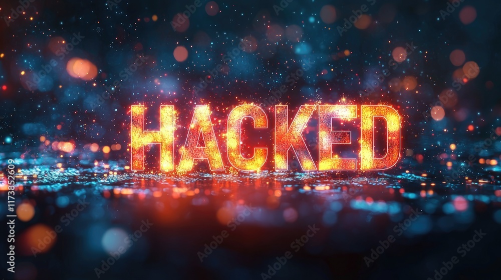 Poster fiery 'hacked' text on dark background with bokeh effect.