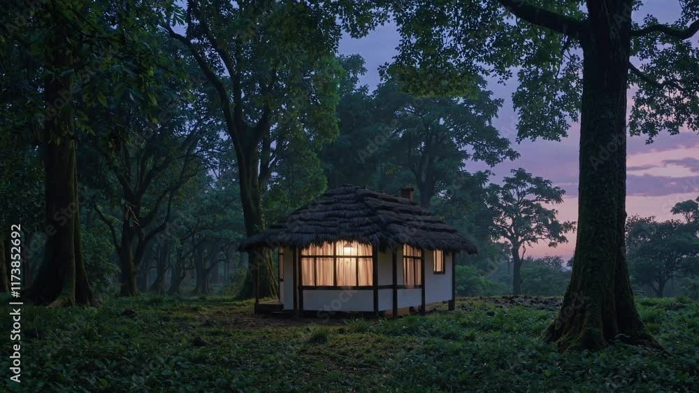 Poster cozy cabin nestled in a serene forest setting during twilight hours with warm light glowing from win