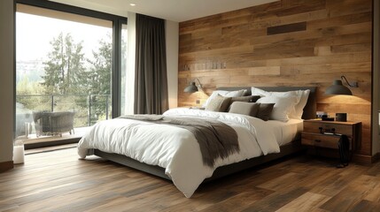 Cozy modern bedroom with wooden accents and serene view of nature in the early morning light. Generative AI