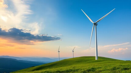 Obraz premium Wind turbines on rolling green hills, vibrant sunset, renewable energy concept