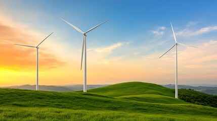 Wind turbines on rolling green hills, vibrant sunset, renewable energy concept