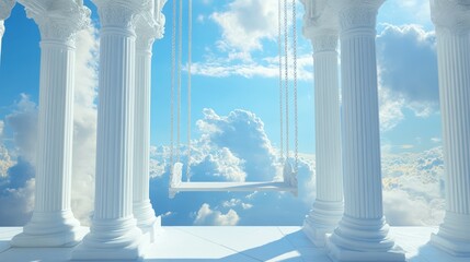 Serene swing hanging between white columns against a bright blue sky with fluffy clouds.