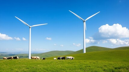 Fototapeta premium Wind turbines surrounded by rolling green hills and grazing livestock, pastoral harmony