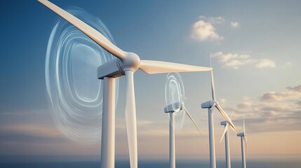 Wind turbines surrounded by digital holograms, virtual energy vision