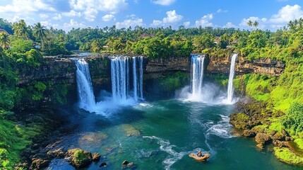 Fototapeta premium A stunning waterfall surrounded by lush greenery and a serene pool of water.