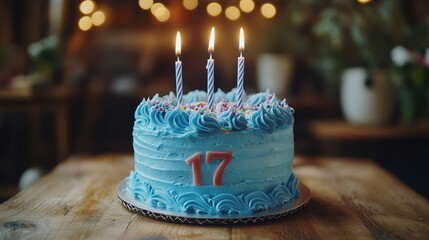 Celebration of a teenage milestone with a beautiful blue cake adorned with candles and festive decorations in a cozy setting. Generative AI