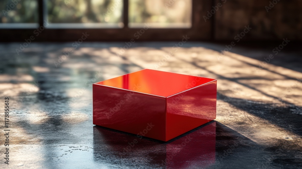 Poster sunlight casts warm reflections on a vibrant red box resting on a textured surface in a cozy indoor 