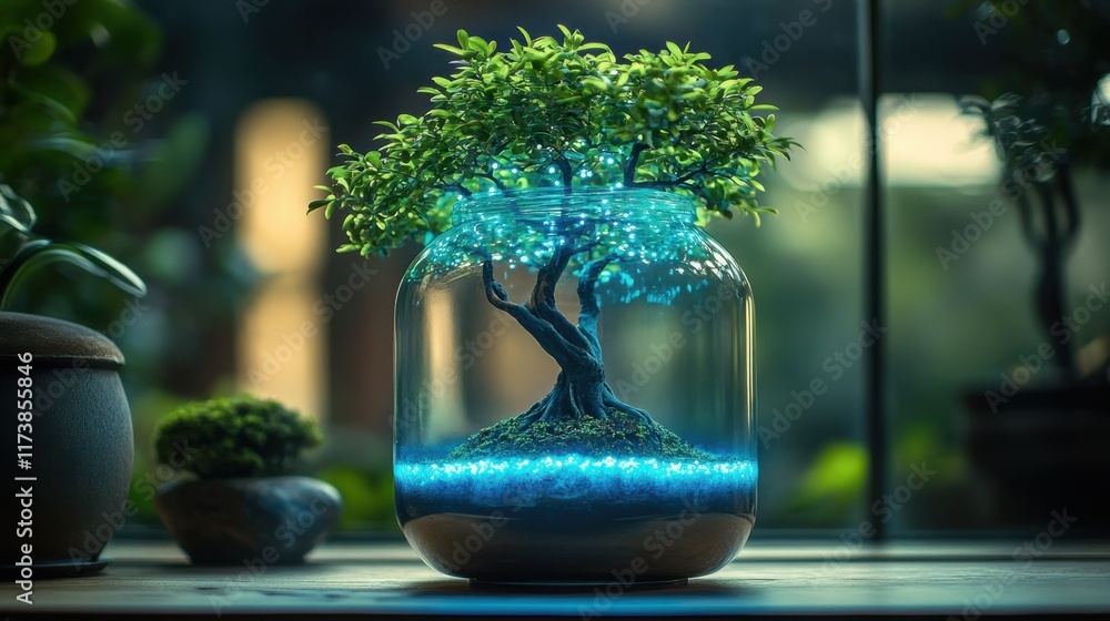 Poster captivating glass jar features a luminous bonsai tree, creating a serene atmosphere in a cozy indoor
