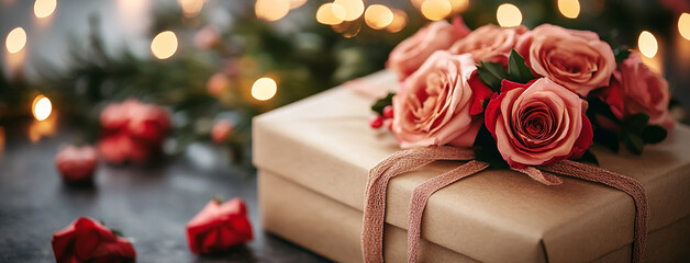wide panoramic banner of valentine gift box and pink roses around on it with copy space