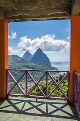 The Pitons, Gros Piton and Petit Piton, two mountainous volcanic plugs, volcanic spires, located in...