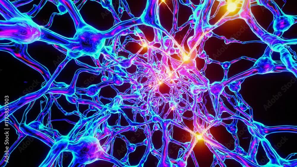 Poster exploring the intricate structure and beauty of neural networks illuminated with vibrant colors