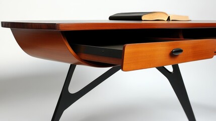 Mid-century modern desk drawer open, books, studio, furniture