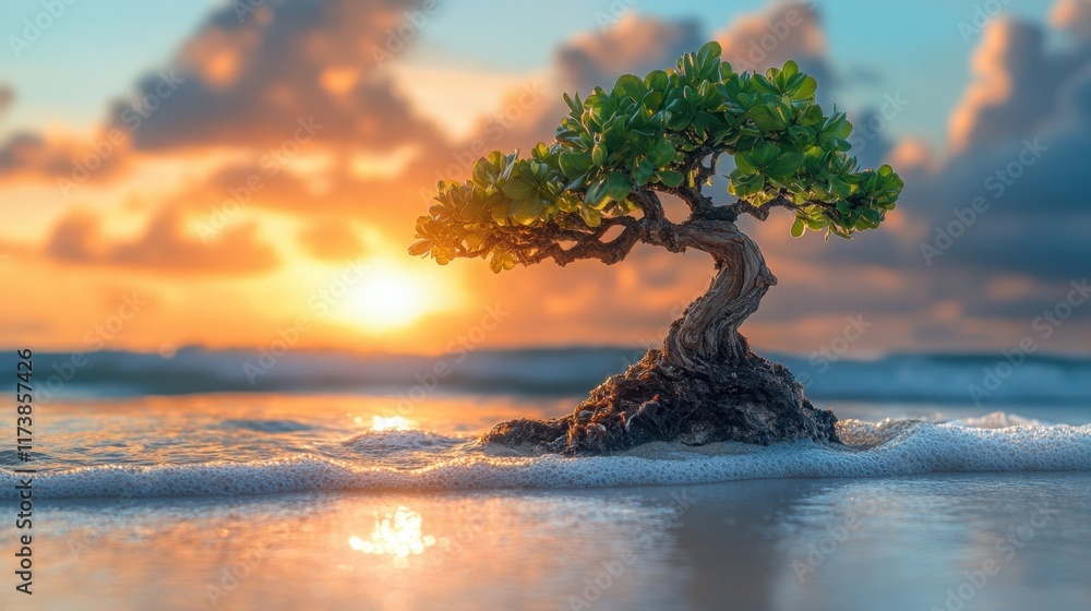 Poster sunset over the tranquil ocean revealing a unique tree on the shore with vibrant clouds in the backg