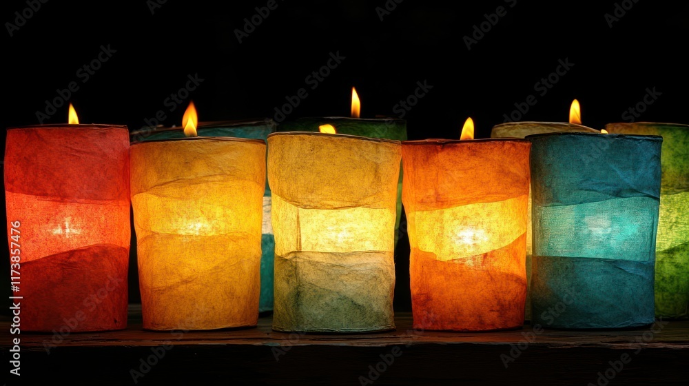 Poster colorful paper lanterns glow warmly with candlelight creating a festive ambiance. perfect for celebr