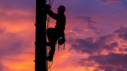 Silhouette of a lineman working on a utility pole during sunset.