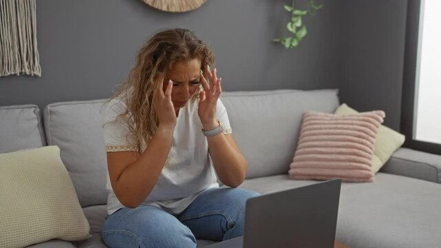 Young, blonde, woman feeling tired and putting on glasses while using a laptop at home in a cozy, modern living room with cushions and decorative elements on the wall