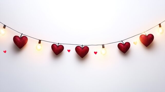 A string of lights with red glitter hearts adds a romantic touch. Perfect for Valentine's Day decorations or wedding celebrations.
