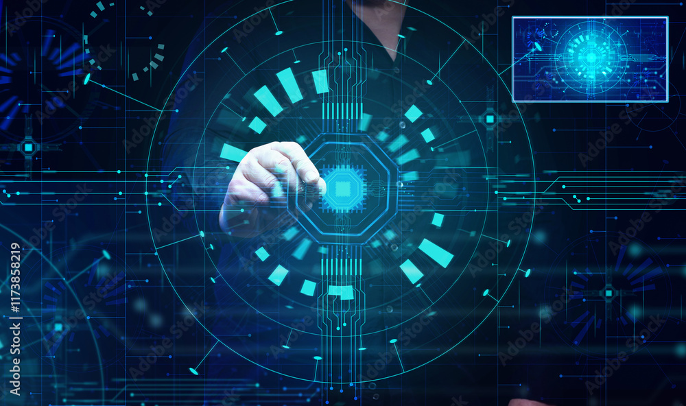 Aufkleber the process of training artificial intelligence by loading a large amount of data, a man with a chip