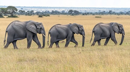 Fototapeta premium Elephants Walking Across Grassy Plain Near Rocky Outcrop