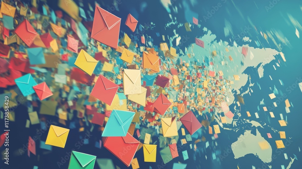 Poster creative representation of digital communication with colorful envelopes floating over a world map i