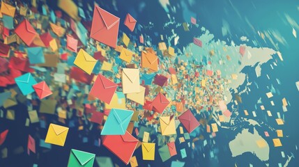 Fototapeta premium Creative Representation of Digital Communication With Colorful Envelopes Floating Over a World Map Illustrating Global Email Exchange