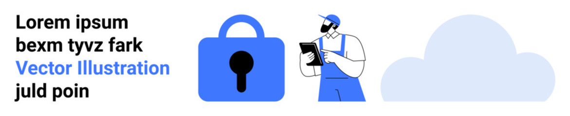 Blue lock icon, technician with tablet, and cloud motif. Ideal for cybersecurity, data protection, cloud services, IT, online privacy, system maintenance, and network security themes. Banner