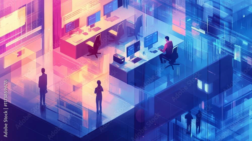 Poster modern digital workspace with advanced technology and virtual interfaces during a collaborative sess