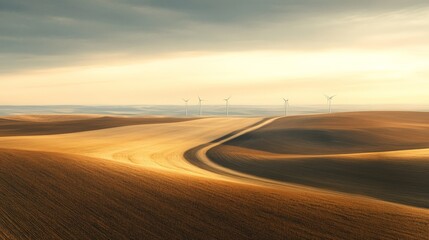 Naklejka premium Golden light illuminates rolling hills and wind turbines generating clean energy, symbolizing sustainable development and eco friendly practices in a harmonious blend of nature and technology