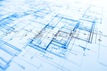Residential building blueprint plans and house model, banner. 3d illustration