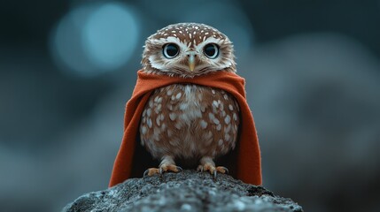 Little owl dressed in a vibrant cape standing confidently on a rock amidst a misty forest backdrop. Generative AI