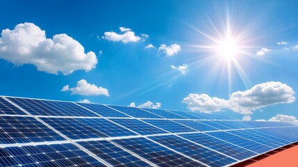 Solar panels are converting sunlight into renewable energy on a sunny day with white clouds and blue sky, representing sustainable energy production and eco friendly practices for a greener future