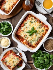 Tasty meat and spinach lasagna, layered and baked to perfection. Displayed on wooden board with fresh herbs and vibrant tomatoes, ideal for promoting hearty family meals and cooking ideas.