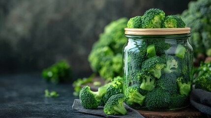 Freshly harvested broccoli displayed in a rustic glass jar on a dark wooden surface amidst leafy greens in a cozy kitchen setting. Generative AI