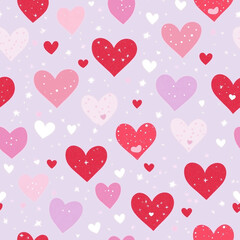 Valentine's Day Seamless Pattern – Cute Pink, Red, and Purple Hearts on Light Purple Background with Glitter Sparkles, Perfect for Gift Wrapping, Craft Projects, and Digital Prints