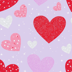 Valentine's Day Seamless Pattern – Cute Pink, Red, and Purple Hearts on Light Purple Background with Glitter Sparkles, Perfect for Gift Wrapping, Craft Projects, and Digital Prints